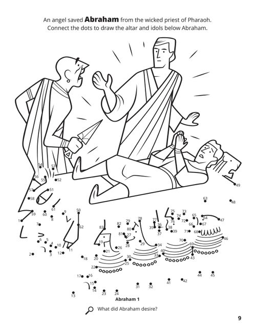 A line image of a wicked priest and Abraham upon an altar with a connect the dots game.