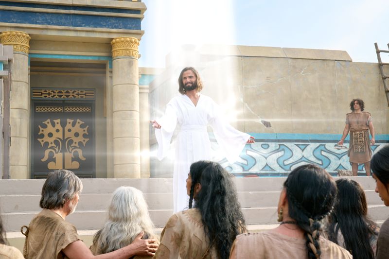 Jesus Christ descends from Heaven in a beam of light in front of a temple in Land Bountiful.