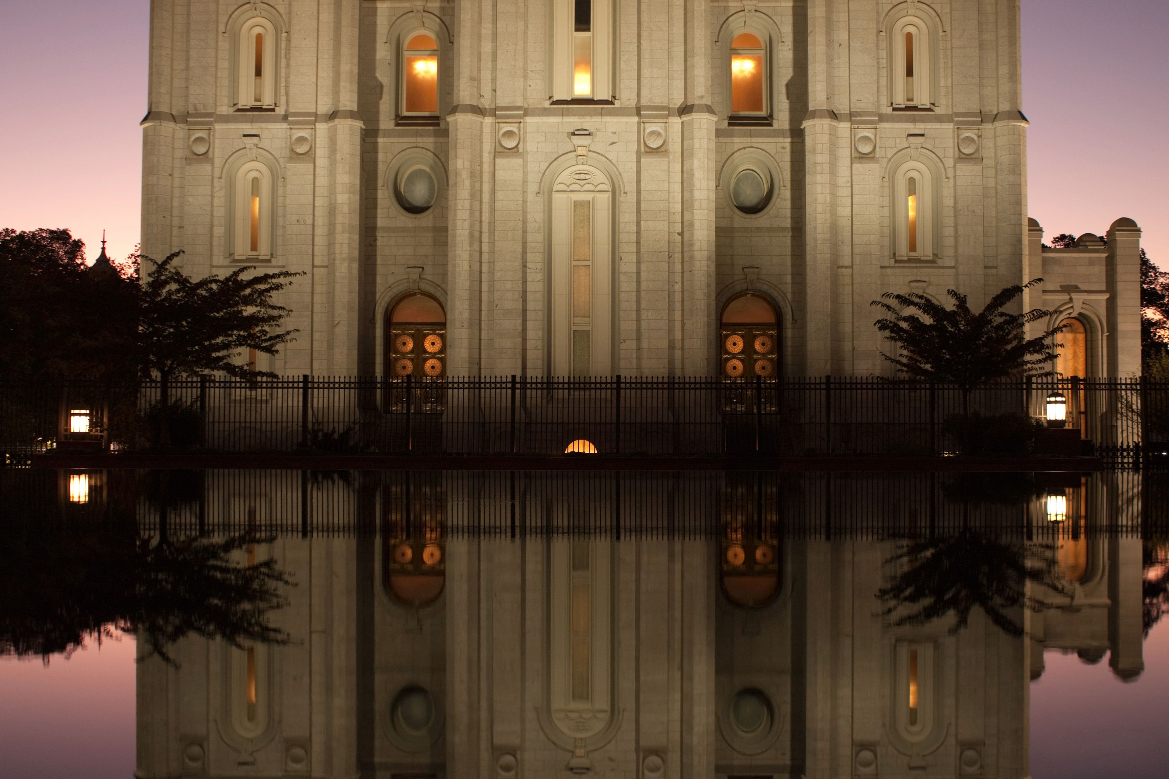 The Salt Lake Temple reflecting pond, including the windows and scenery.