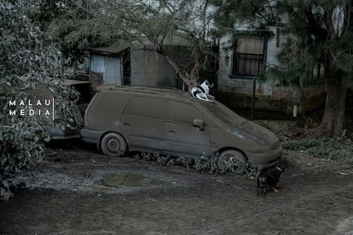 火山灰に覆われた車両