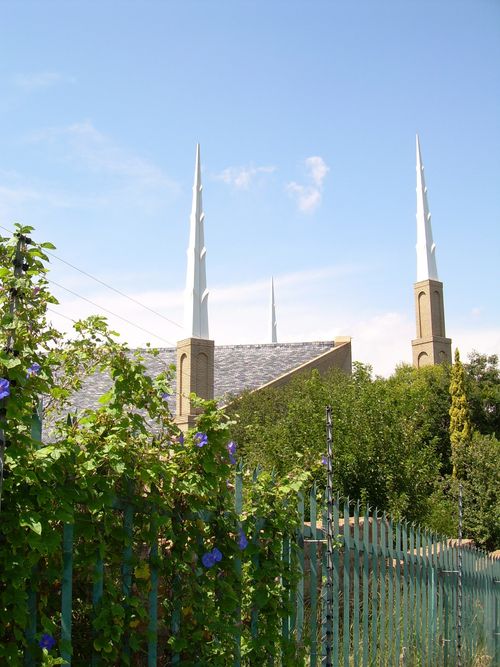 The spires on the Johannesburg South Africa Temple, rising above the green vegetation on the fence surrounding the temple.