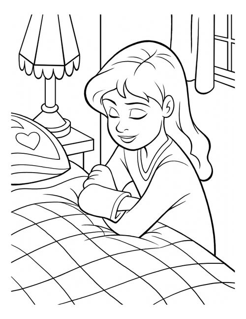 An illustration of a girl kneeling by her bed with her arms folded, eyes closed, and head bowed while she prays.