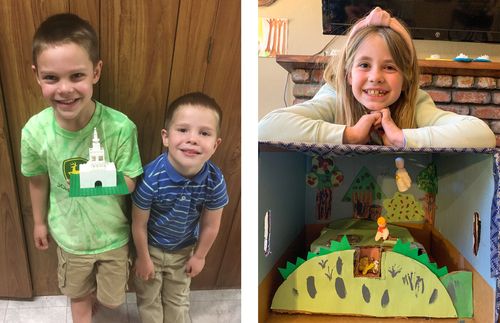 two boys holding temple built of blocks; girl with craft