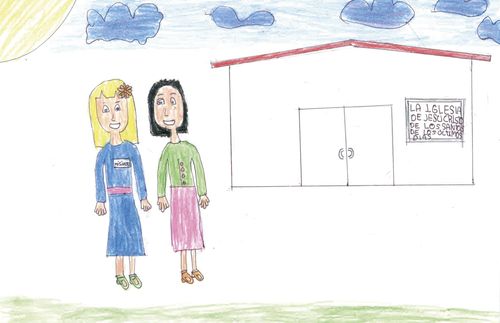 Child's art depicting sister missionaries standing by a meetinghouse.