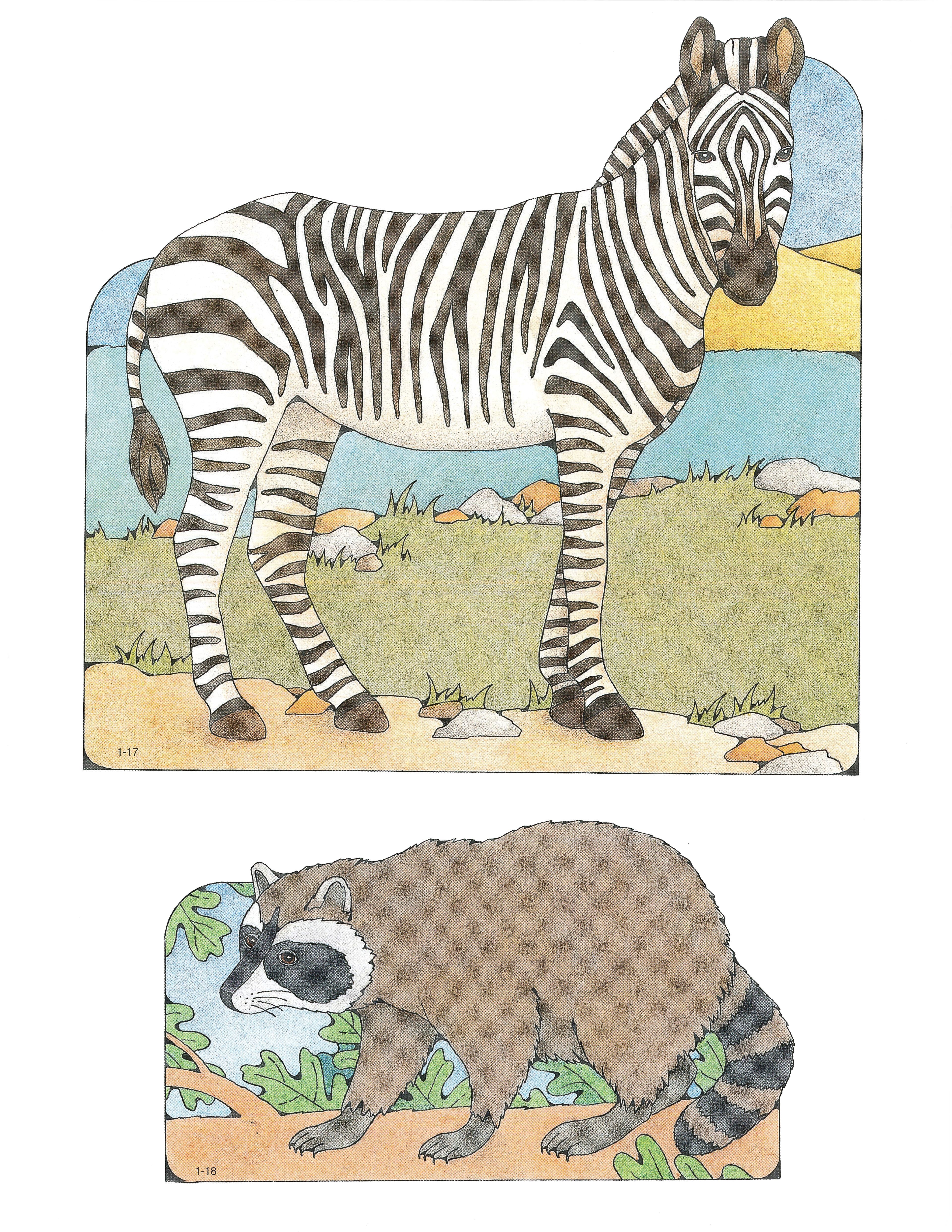 Primary 1: I Am a Child of God Cutouts 1-17, Zebra; 1-18, Raccoon.