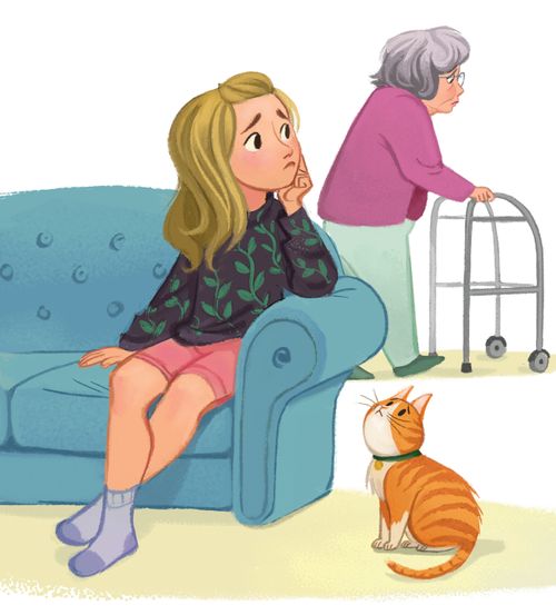 Panel 1 of 3 1. Illustrated background with flowers. 2. Mari is sitting on a couch alone and looks back at her grandmother. She is sad or irritated. Her grandmother is walking away.  3. Mari and her grandmother are sitting on a couch together and are happy.