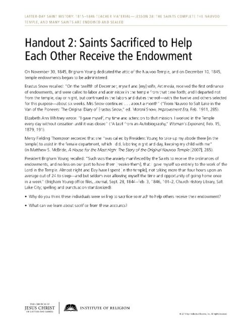 Handout 2: Saints Sacrifice to Help Each Other Receive the Endowment