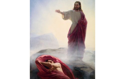 Christ standing on a rocky ledge as He rebukes Satan who appears below Him. The painting depicts the event wherein Satan tried to tempt Christ after Christ’s forty day fast in the wilderness. Christ is commanding Satan to depart from His presence.