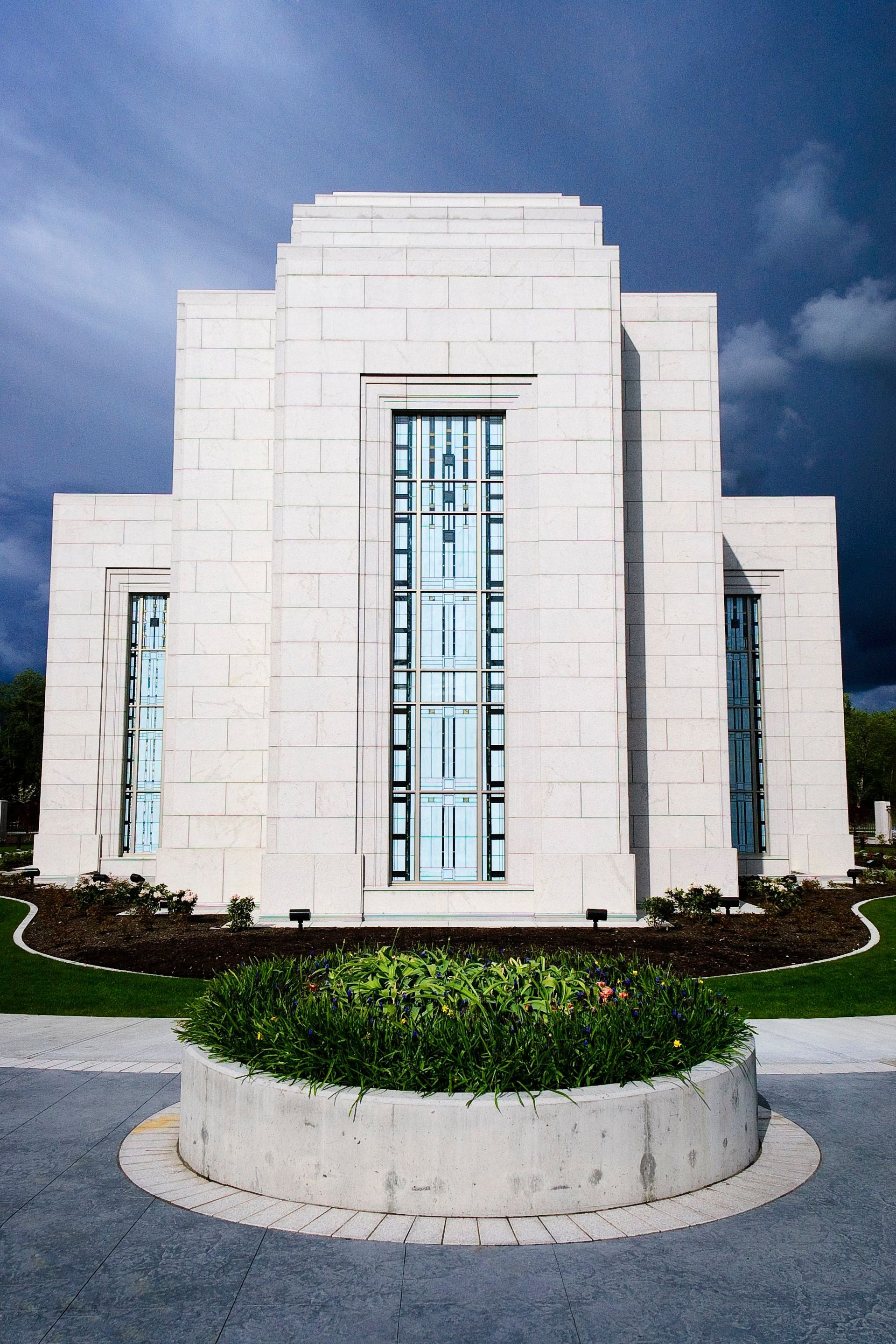 The Vancouver British Columbia Temple west side, with the windows and scenery.