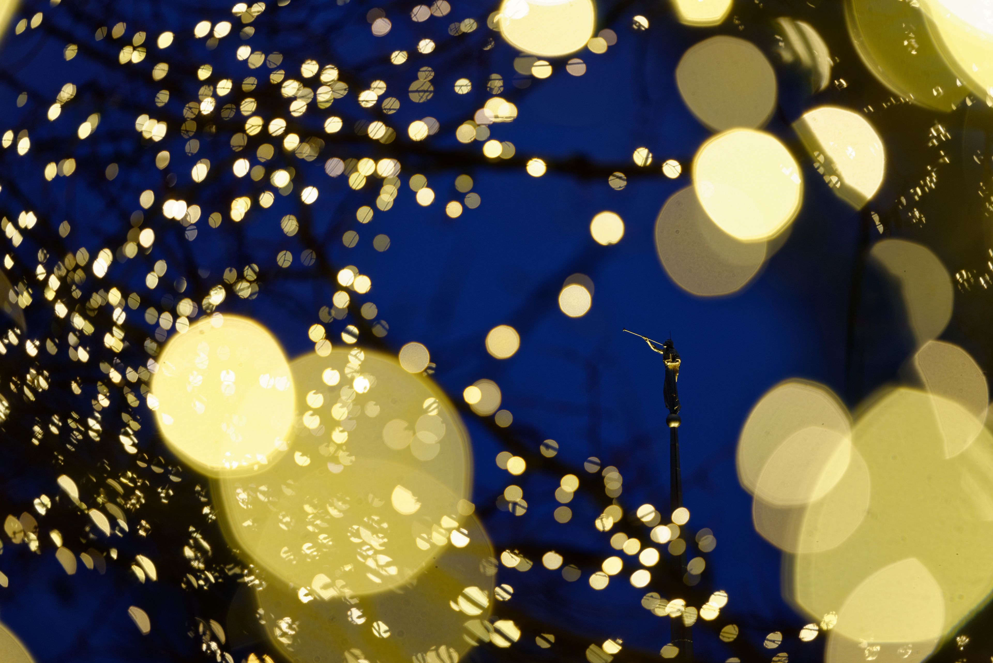 A close-up view of Christmas lights with an angel Moroni statue in the background.