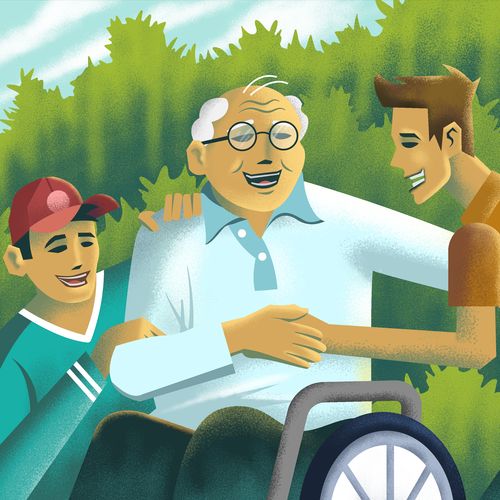 young men with old man in wheelchair