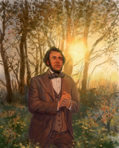 A painting of Lorenzo Snow soon after his baptism and confirmation, kneeling and praying in the woods with the sun shining through the trees.