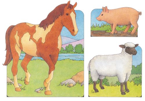 Primary cutouts of a brown horse with cream-colored spots walking, a pig standing in mud, and a white sheep with a black face, legs, and ears.
