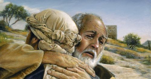 A father hugging his prodigal son. altered version