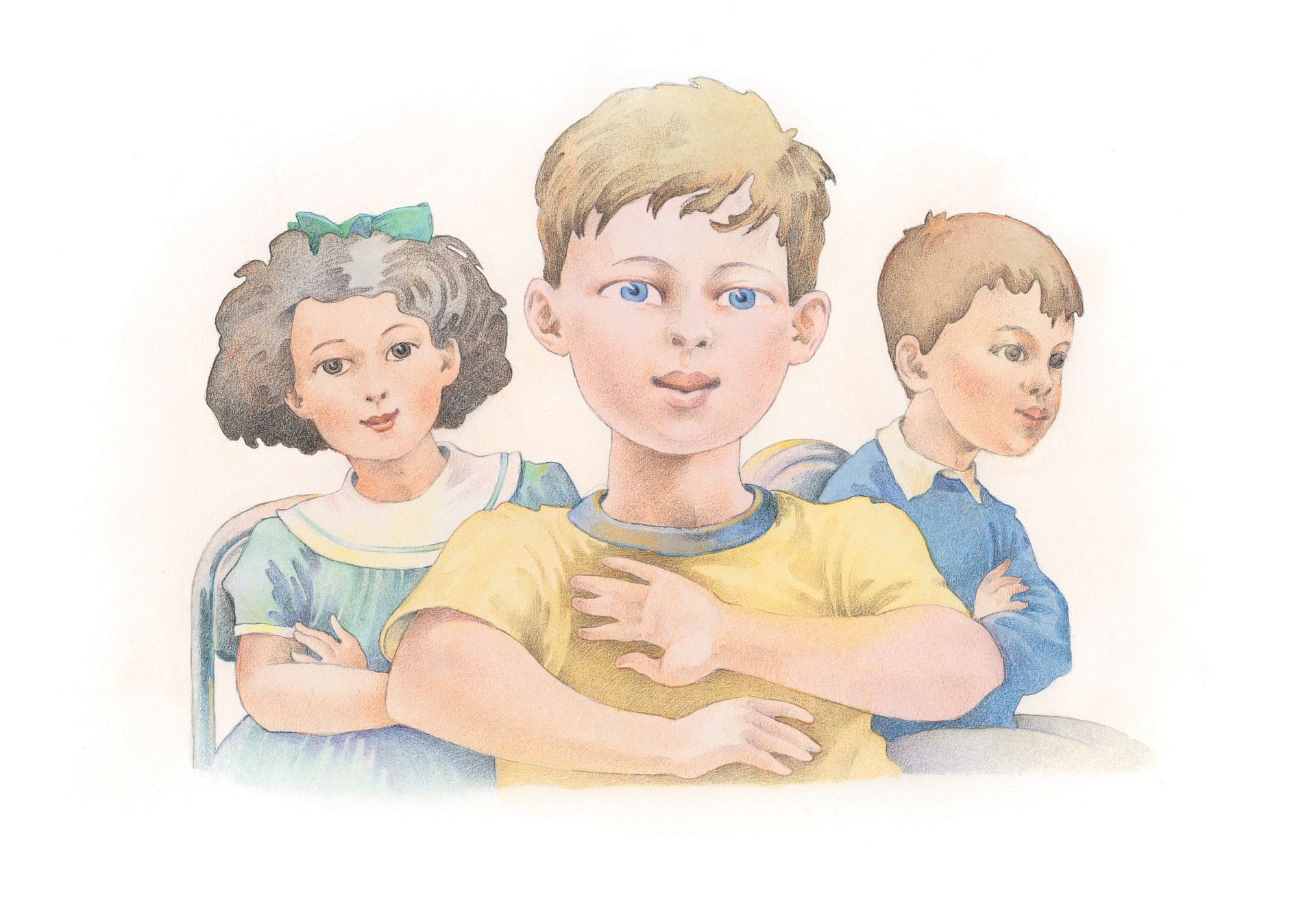 Three children rolling their hands while singing a song. From the Children’s Songbook, page 274, “Roll Your Hands”; watercolor illustration by Richard Hull.