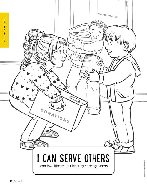 Coloring page of children carrying donations