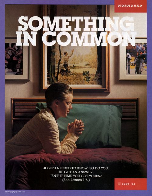 A poster showing a young man praying next to a picture of the First Vision, paired with the words “Something in Common.”