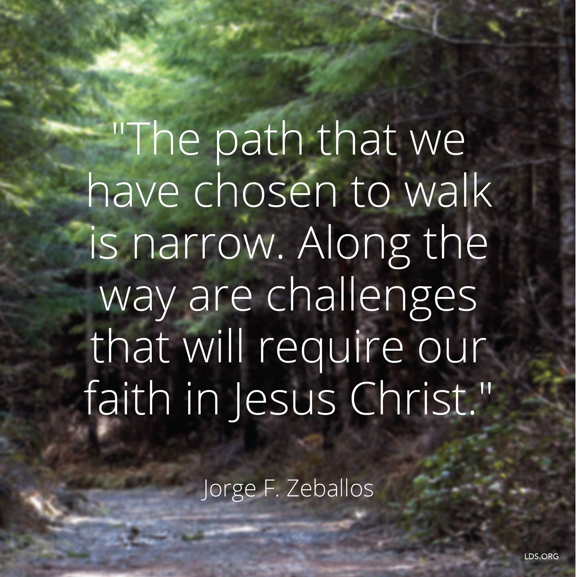 “The path that we have chosen to walk is narrow. Along the way are challenges that will require our faith in Jesus Christ.”—Elder Jorge F. Zeballos, “If You Will Be Responsible” © undefined ipCode 1.