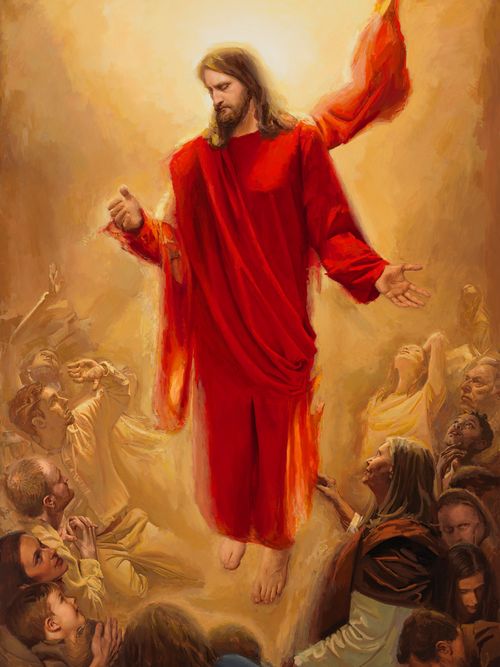 "He Comes Again to Rule and Reign" by Mary R. Sauer. Jesus Christ is descending to Earth at his Second Coming. There are men, women, and children surrounding him. He is wearing a red robe and is looking down at those who are gathering.