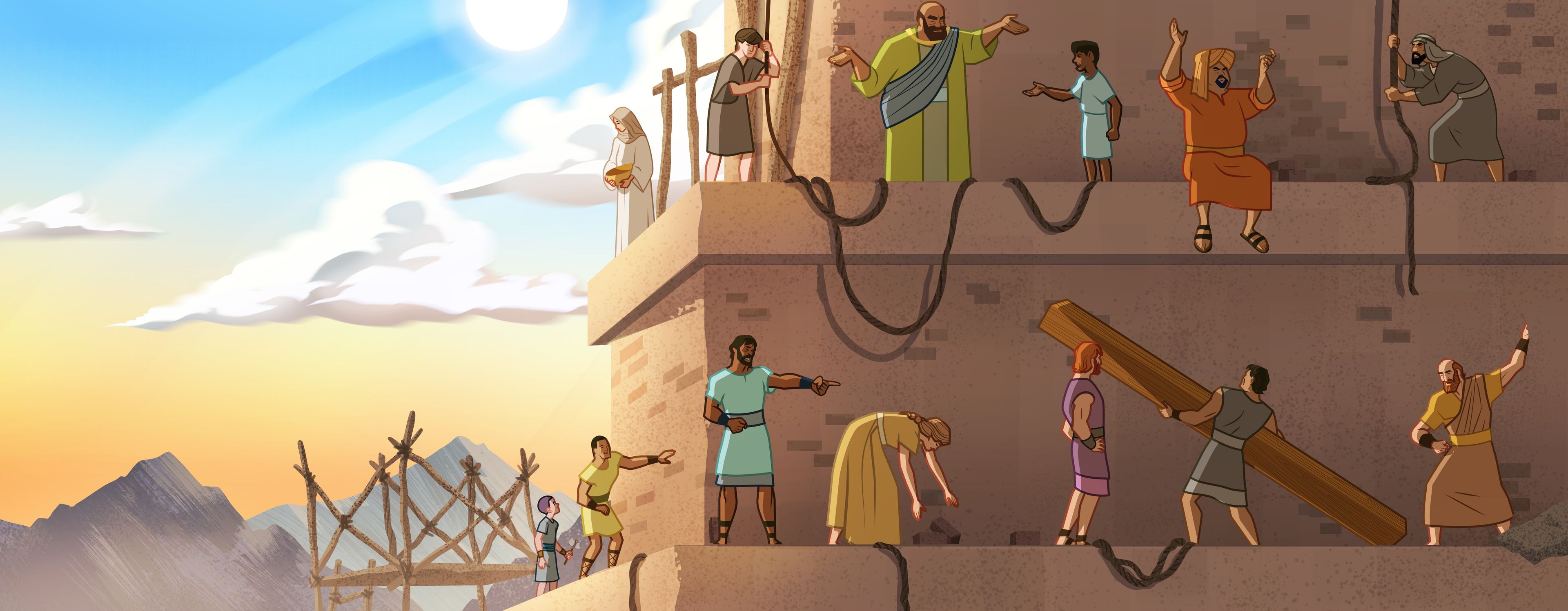 Illustration von Menschen, die einen Turm bauen 
Genesis 11:6-8; Ether 1:33