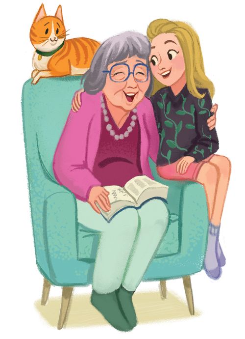 Panel 3 of 3 1. Illustrated background with flowers. 2. Mari is sitting on a couch alone and looks back at her grandmother. She is sad or irritated. Her grandmother is walking away.  3. Mari and her grandmother are sitting on a couch together and are happy.