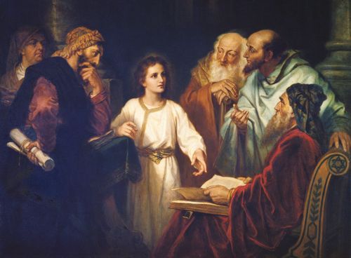 Young Jesus, wearing a white robe, points to the scriptures while teaching five elders who have gathered around to listen in the temple.