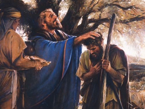 Painting depicts Melchizedek blessing a kneeling Abram.