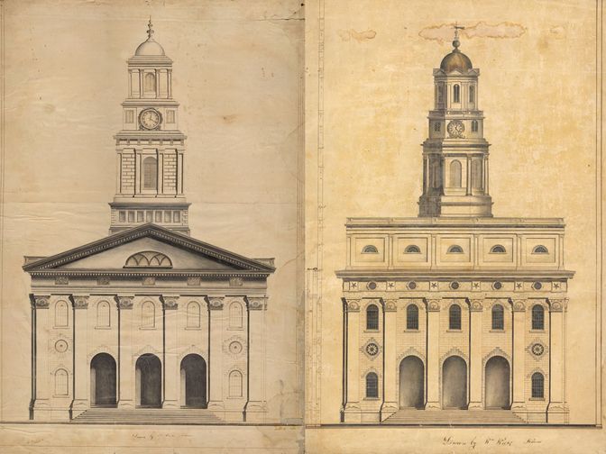 Two drawings of the Nauvoo Temple’s front elevation demonstrating slight revisions to the building’s design over time.