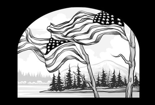 bandeiras americanas e um lago na montanha ao fundo