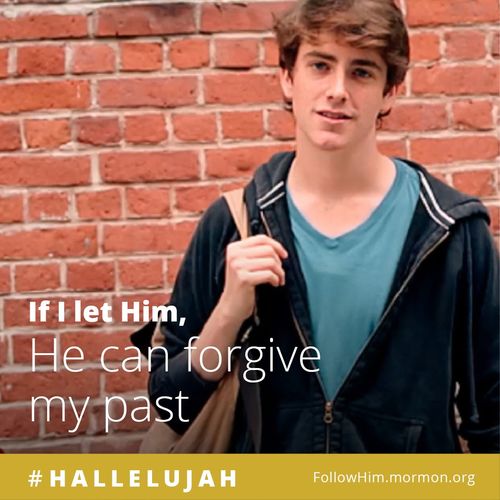 A young man standing by a redbrick wall, combined with the words “If I let Him, He can forgive my past.”