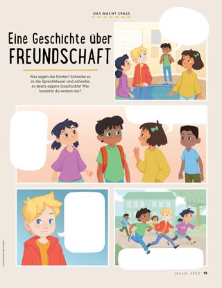 Page from the January 2023 Friend Magazine. FUNSTUFF: A Story of Friendship