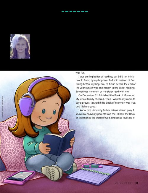 Article PDF with image of girl wearing headphones while reading the scriptures on her bed