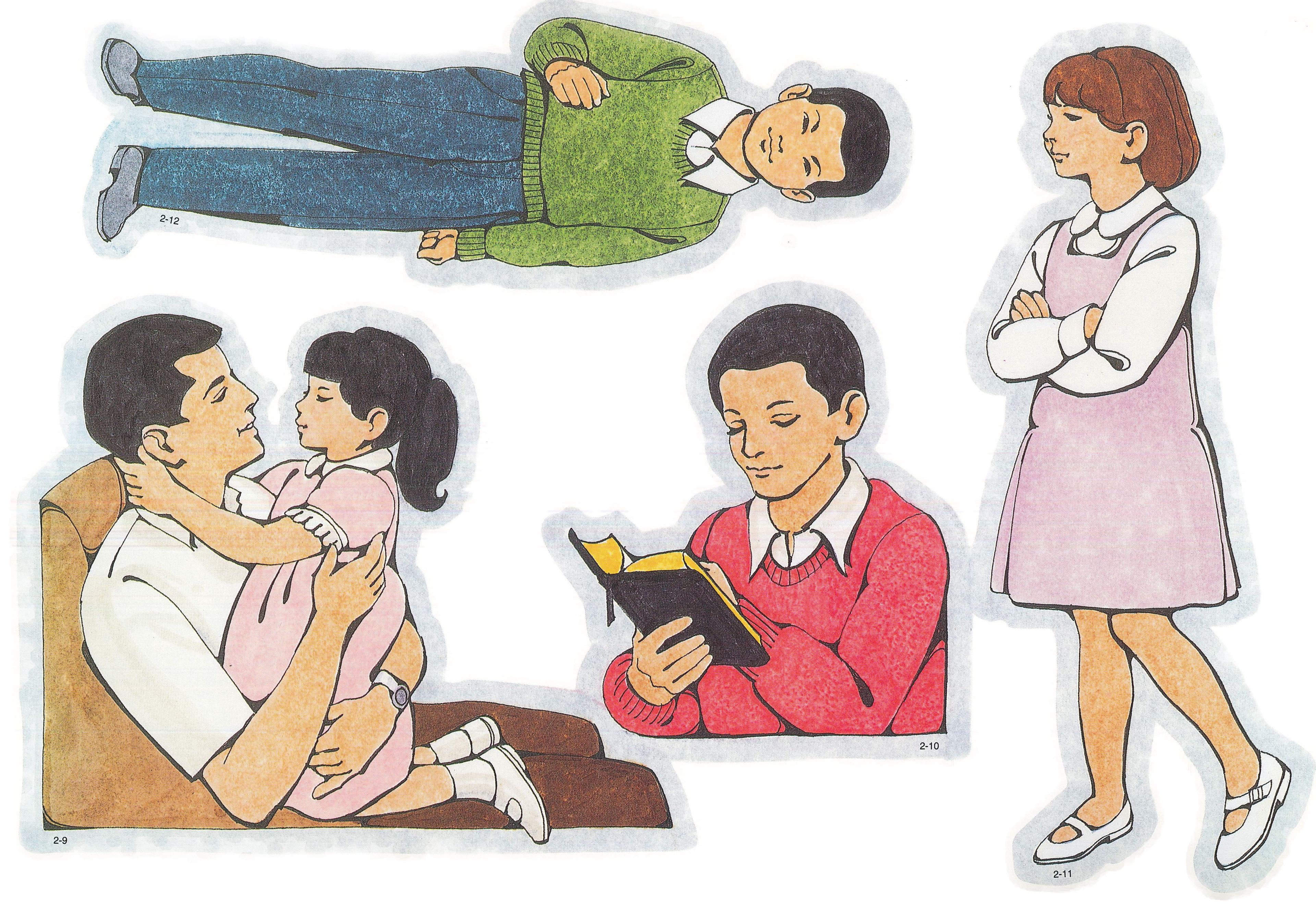 Primary Visual Aids: Cutouts 2-9, Girl Loving Father; 2-10, Boy Reading Scriptures; 2-11, Girl Walking Reverently; 2-12, Asian Primary Boy.