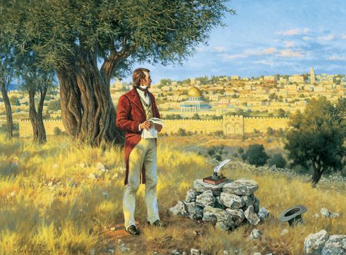 A painting by Clark Kelley Price illustrating the Apostle Orson Hyde standing on the Mount of Olives and looking at the city of Jerusalem after dedicating the land.
