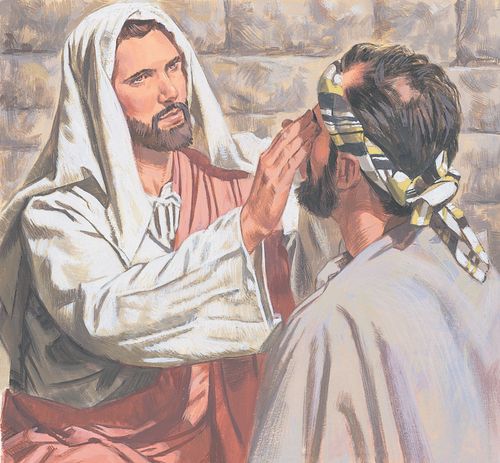 Jesus puts mud on the man's eyes and tells him to wash his eyes - ch.34-3