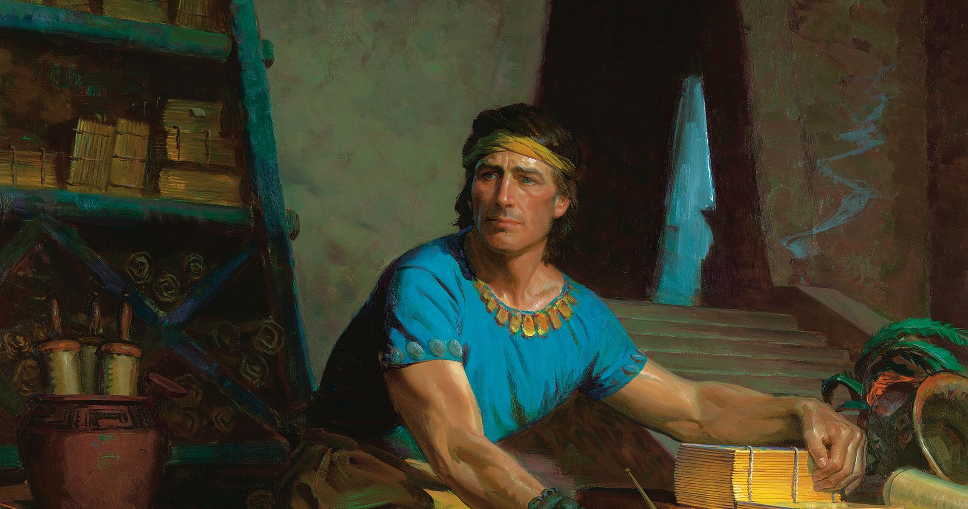 The Book of Mormon prophet Mormon sitting on a bench. The bench is covered with a leopard skin. Mormon has his left arm resting on the gold plates. His right hand is resting on a roll of parchment on his lap. The gold plates are sitting on a table along with other parchment rolls. Numerous other gold plates and parchment rolls are lying on shelves in the background.