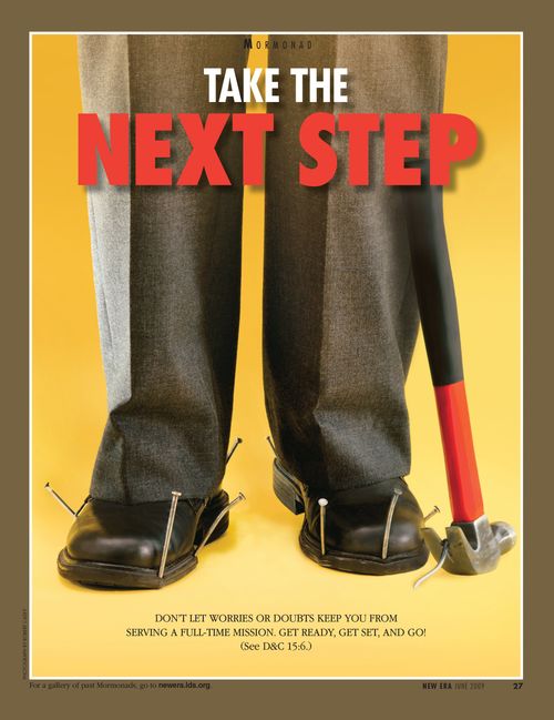 A conceptual photograph showing a pair of dress shoes nailed to the ground, paired with the words “Take the Next Step.”