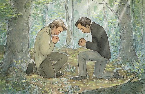 Joseph and Oliver praying in woods