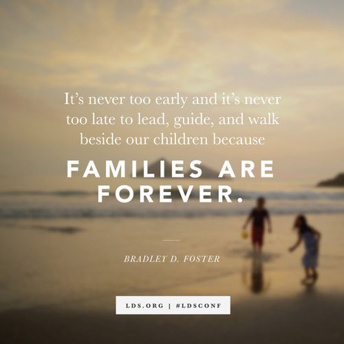 A photograph of two children playing on a beach at dusk, with a quote from Elder Bradley D. Foster, “Families are forever.”
