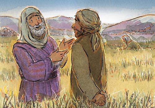 Boaz talking to man in field