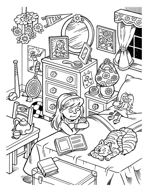An illustration of a young girl kneeling by her bed at night amid sporting equipment and toys.