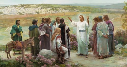 The resurrected Jesus Christ standing with the apostles outside the city of Jerusalem. Christ is dressed in white robes and has His arms extended as He speaks to the eleven apostles. Christ is commanding the apostles to preach the gospel to all nations. The city Jerusalem is visible in the background.