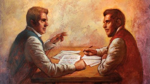 Joseph Smith and Sidney Rigdon studying scriptures