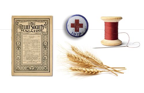 Relief Society magazine, Red Cross pin, wheat, thread