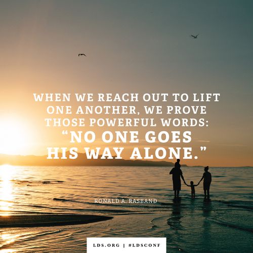 A photograph of a family at the beach combined with a quote by Elder Rasband: “‘No one goes his way alone.’”