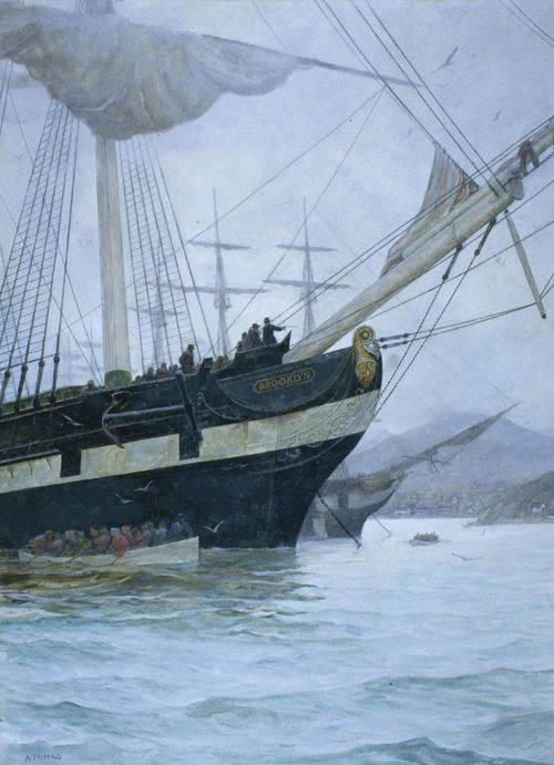 A painting by Arnold Friberg of the ship Brooklyn on an overcast day.