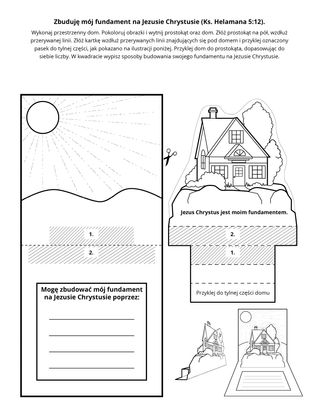strona z zadaniami: Buduję mój fundament na Jezusie Chrystusie.