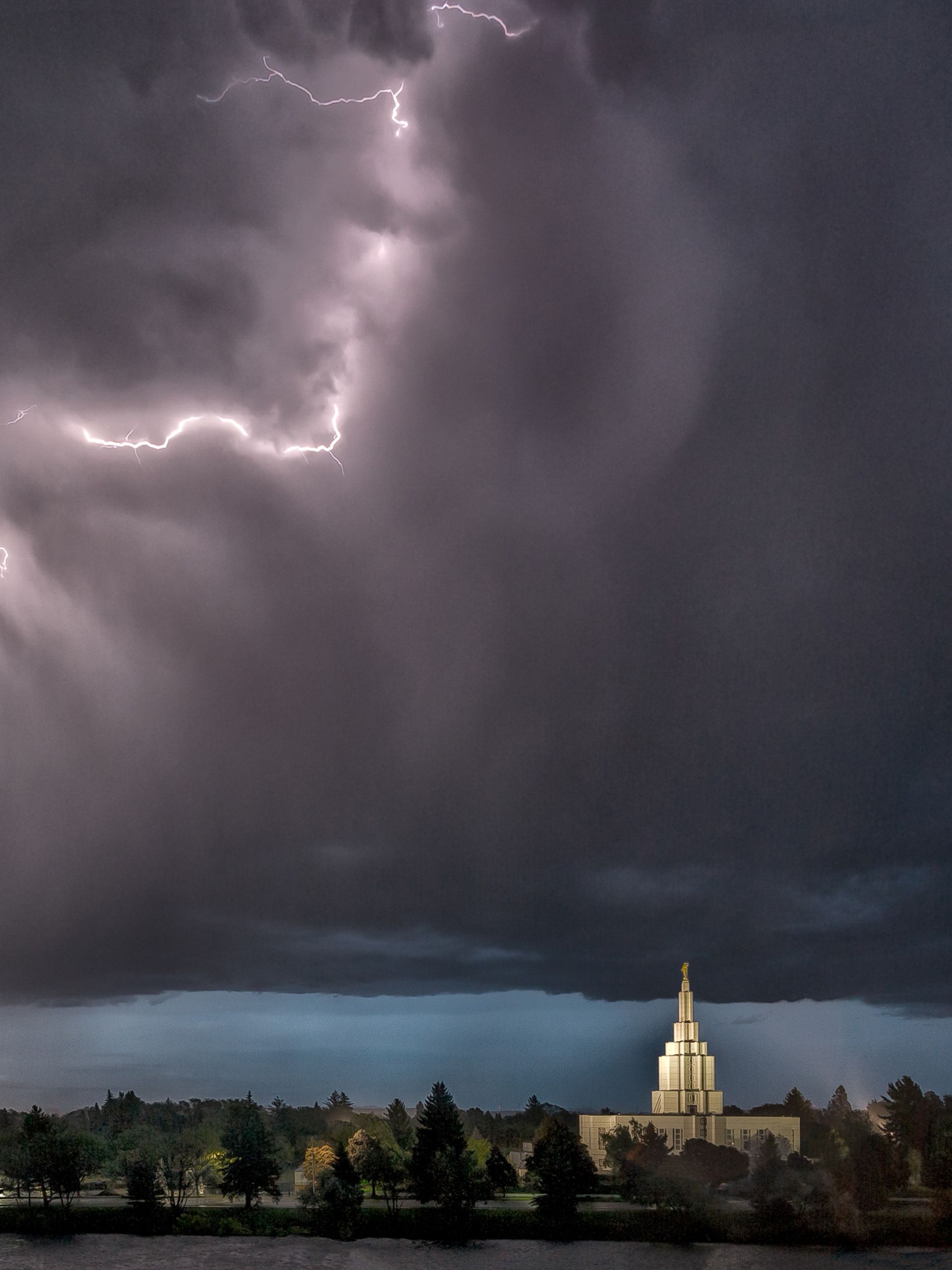 Idaho Falls Idaho Temple in a lightning storm.
