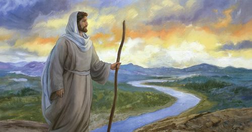 Jesus Christus steht auf einem Hügel mit Blick auf einen Fluss