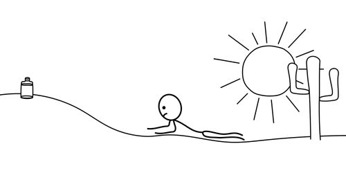 Line drawing of a stick figure man crawling in the desert to get some water. Sun and cactus are in scene